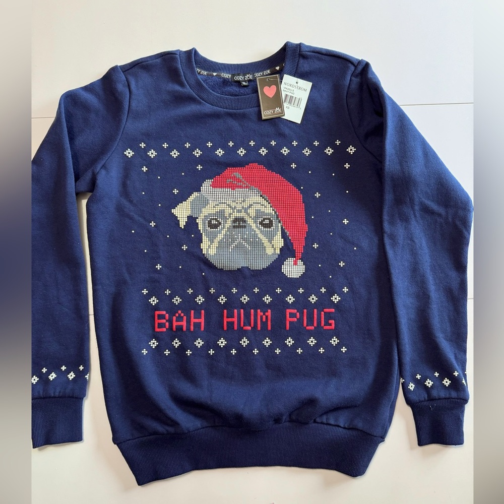 Bah Hum Pug Santa Holiday sweatshirt sweater Cozy Zoe size XS X Small Dog